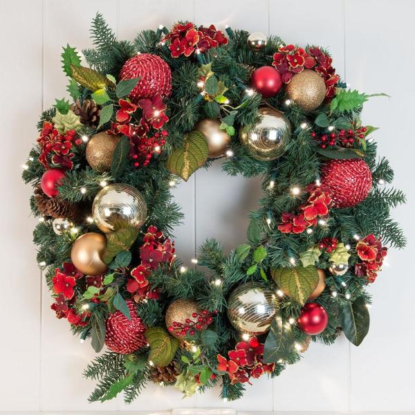 30 in. Pre-Lit LED Scarlet Hydrangea Wreath