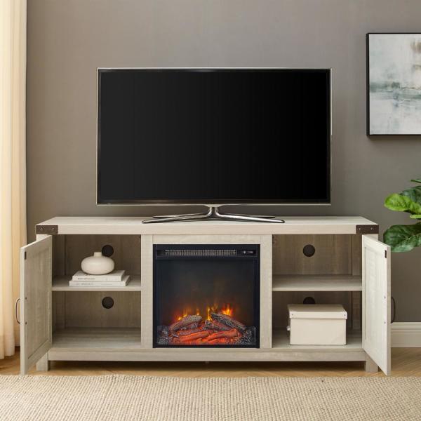 58 in. Stone Grey Wood and Metal Barn Door TV Stand Fits TVs up to 65 in. with Electric Fireplace