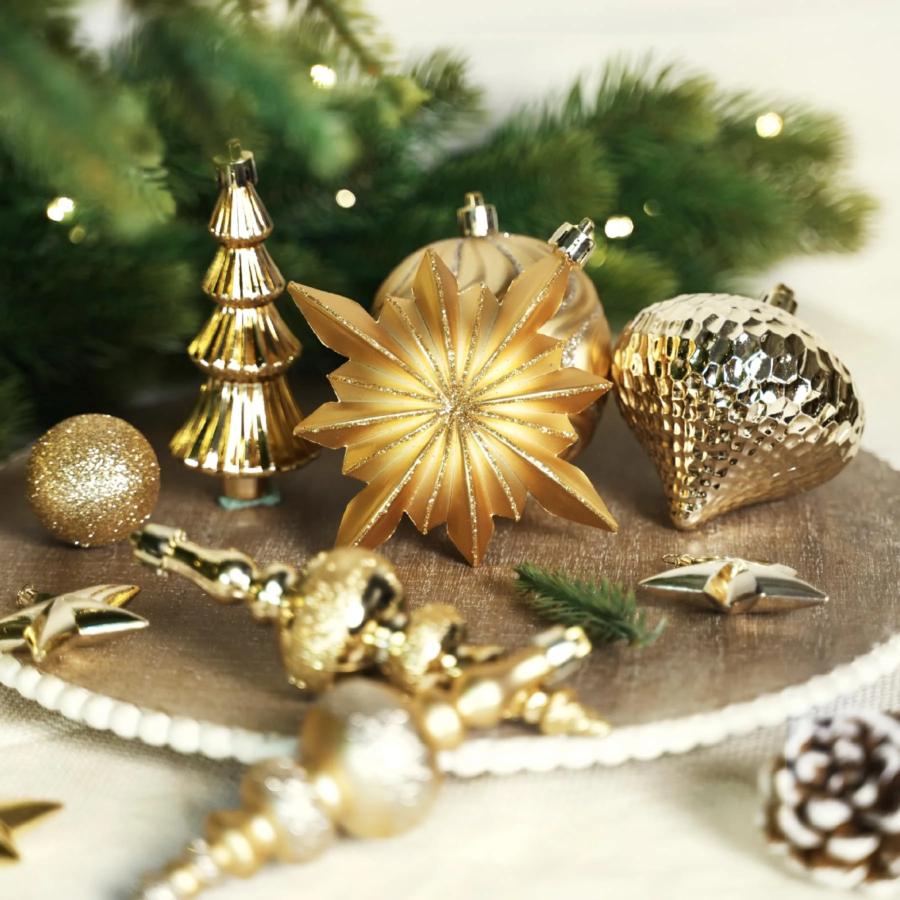 80pcs Deep and Light Gold Flowers, Ribbons, Stars Christmas Balls Ornaments Set with Hanging Strings