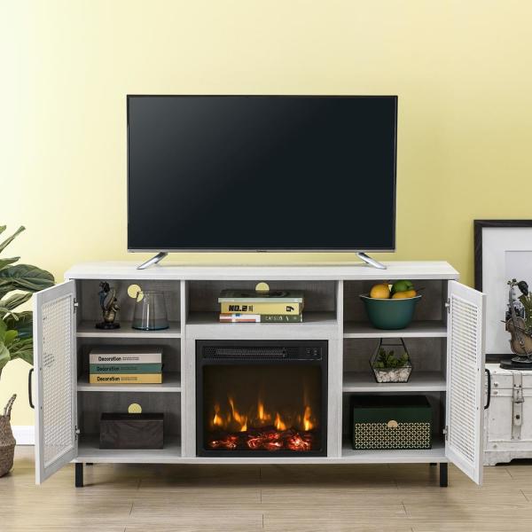 54 in. Saw Cut-Off White TV Stand for TVs up to 60 in. with Electric Fireplace