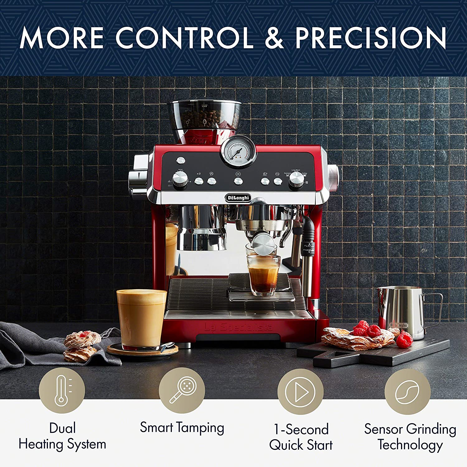 De'Longhi EC9335R La Specialista Espresso Machine with Sensor Grinder, Dual Heating System, Advanced Latte System & Hot Water Spout for Americano Coffee or Tea, Stainless Steel, Red