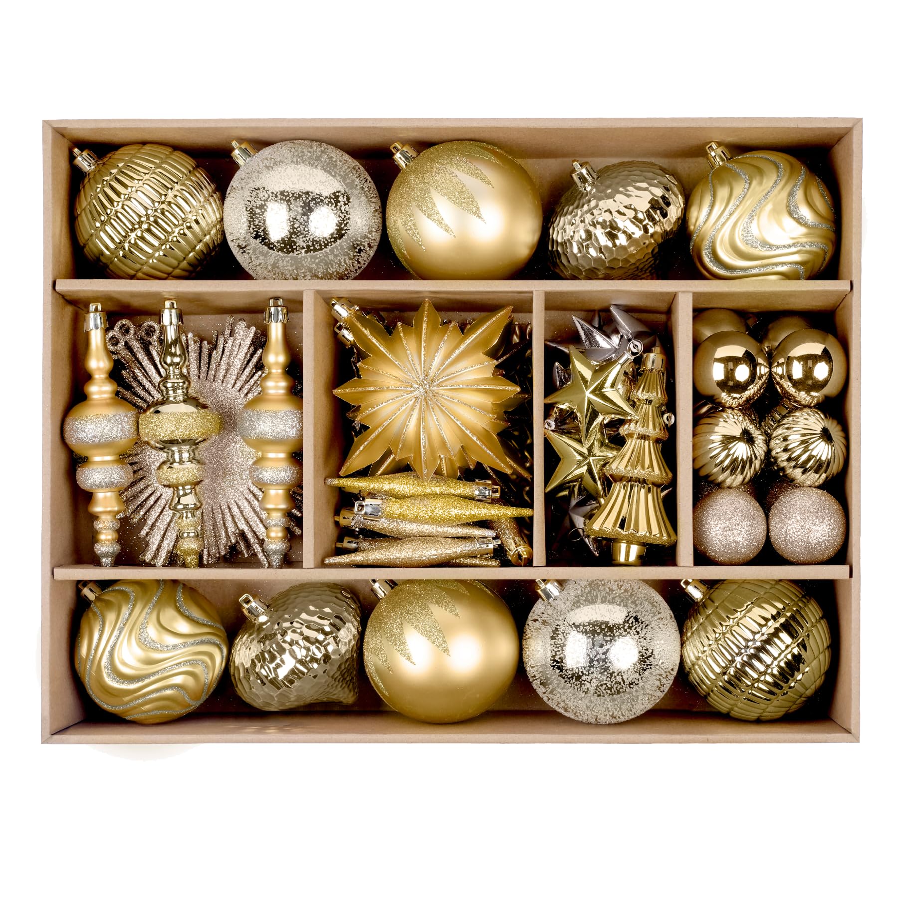 80pcs Deep and Light Gold Flowers, Ribbons, Stars Christmas Balls Ornaments Set with Hanging Strings