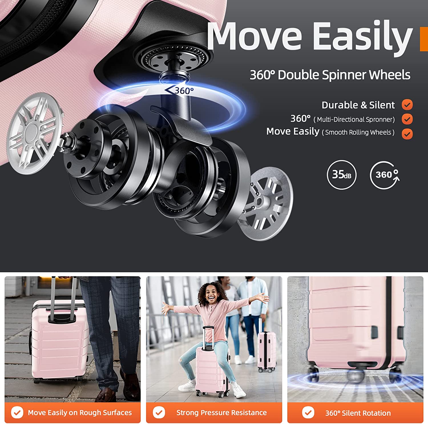 Luggage Sets Expandable PC+ABS Durable Suitcase Sets Double Wheels TSA Lock Pink 3pcs