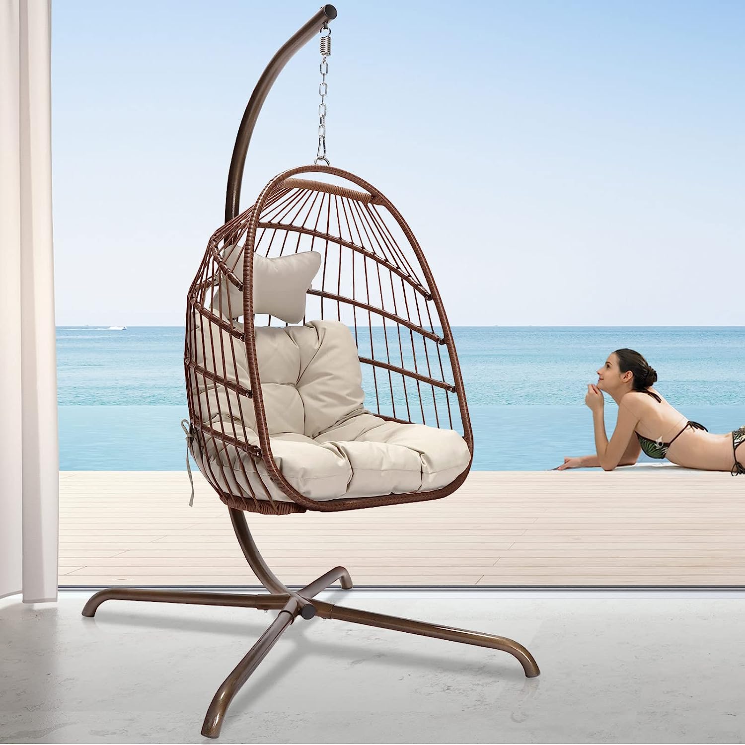 NICESOUL® Indoor Outdoor Patio Wicker Hanging Chair Swing Egg Basket Chairs with Stand UV Resistant Cushions 350lbs Capaticy for Patio Backyard Balcony Xmas Gift