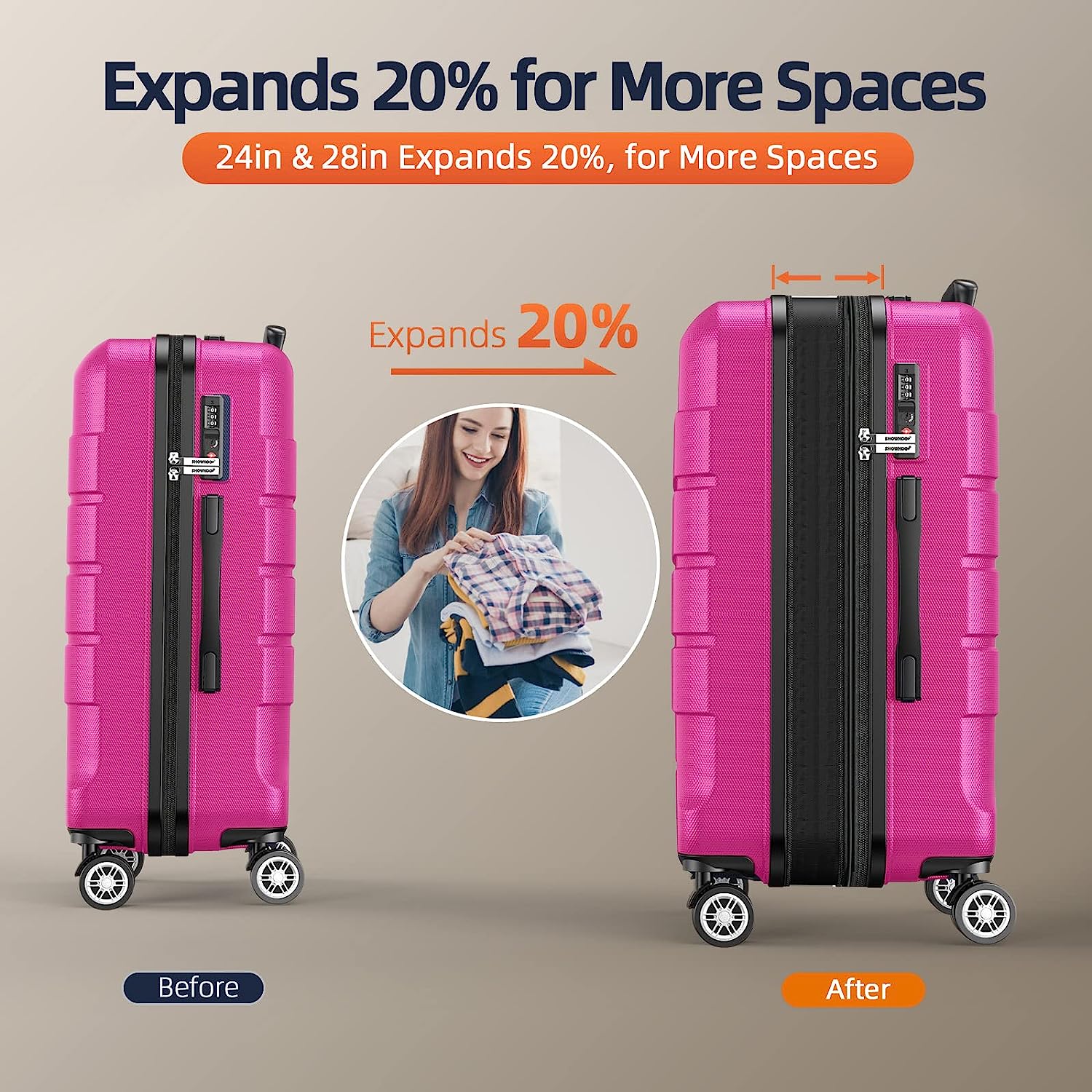 Luggage Sets Expandable PC+ABS Durable Suitcase Sets Double Wheels TSA Lock Megenta 3pcs