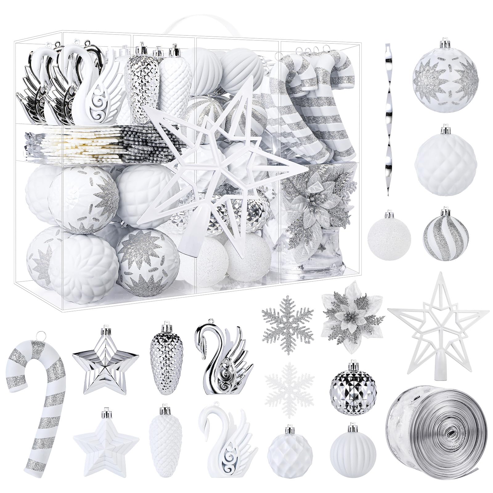 128pcs Christmas Balls Ornaments Set, Ribbon Tree Topper for Xmas Tree Holiday Wedding Party Decorations with Hanging Strings, White and Silver