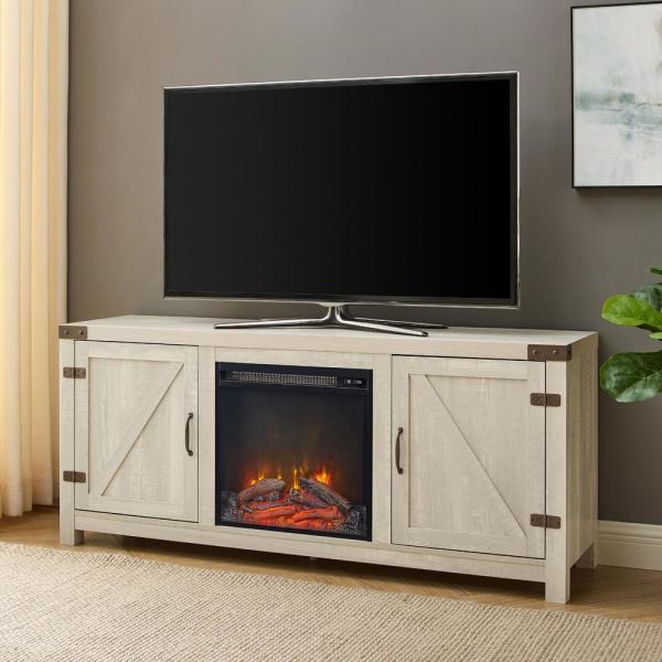 58 in. Stone Grey Wood and Metal Barn Door TV Stand Fits TVs up to 65 in. with Electric Fireplace
