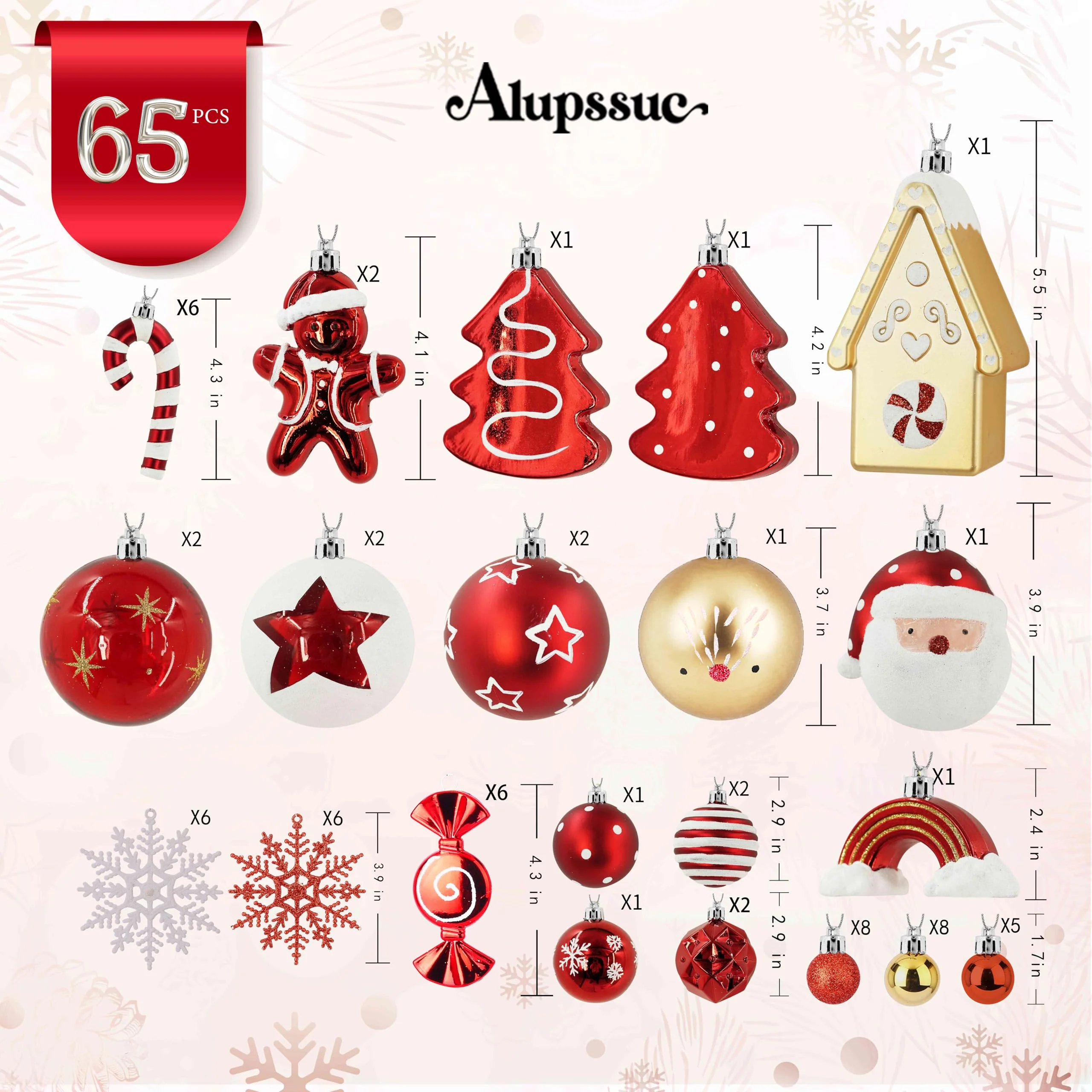 65pcs Gold & Red, White Candy House Christmas Balls Ornaments Set with Hanging Strings