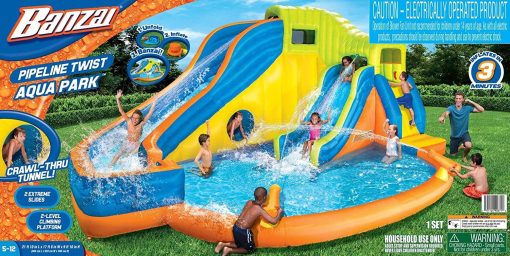 BANZAI Pipeline Twist Kids Inflatable Outdoor Backyard Water Pool Aqua Splash Park and Slides with Climbing Wall, Water Cannons, & Clubhouse, Ages 5+