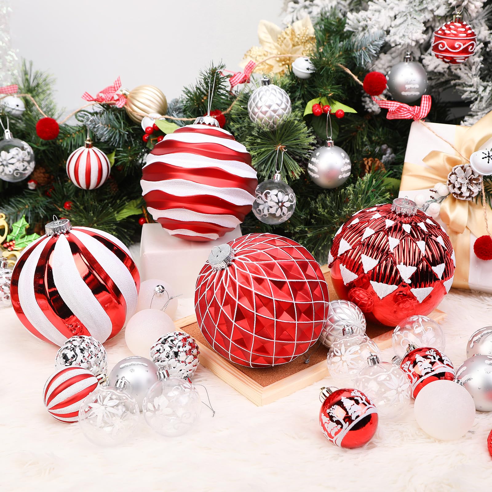 4Pcs 6''/150mm Red & White Large Christmas Ball Ornaments with Hooks