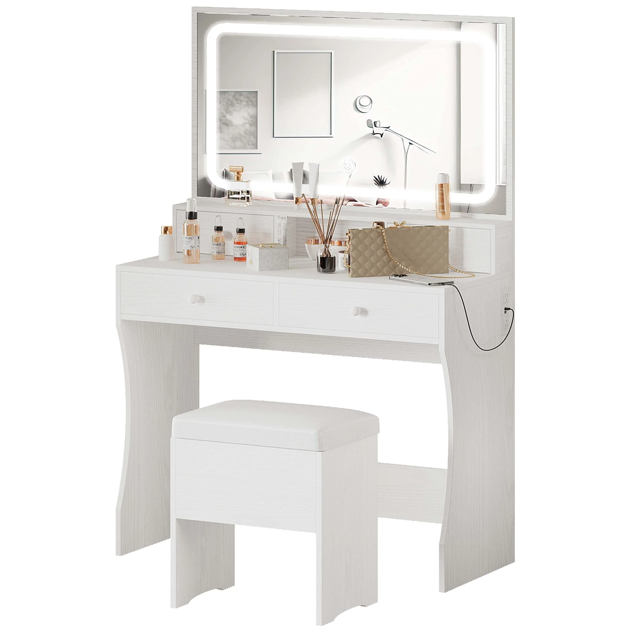 IRONCK Vanity Desk Set with LED Lighted Mirror & Power Outlet