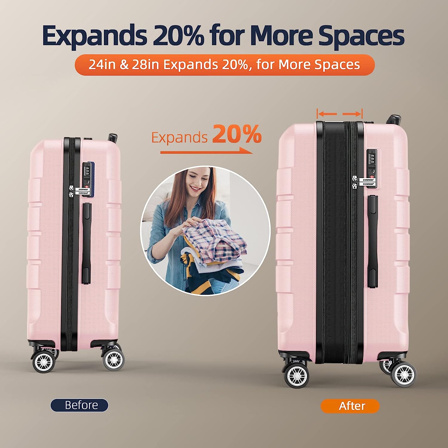 Luggage Sets Expandable PC+ABS Durable Suitcase Sets Double Wheels TSA Lock Pink 3pcs