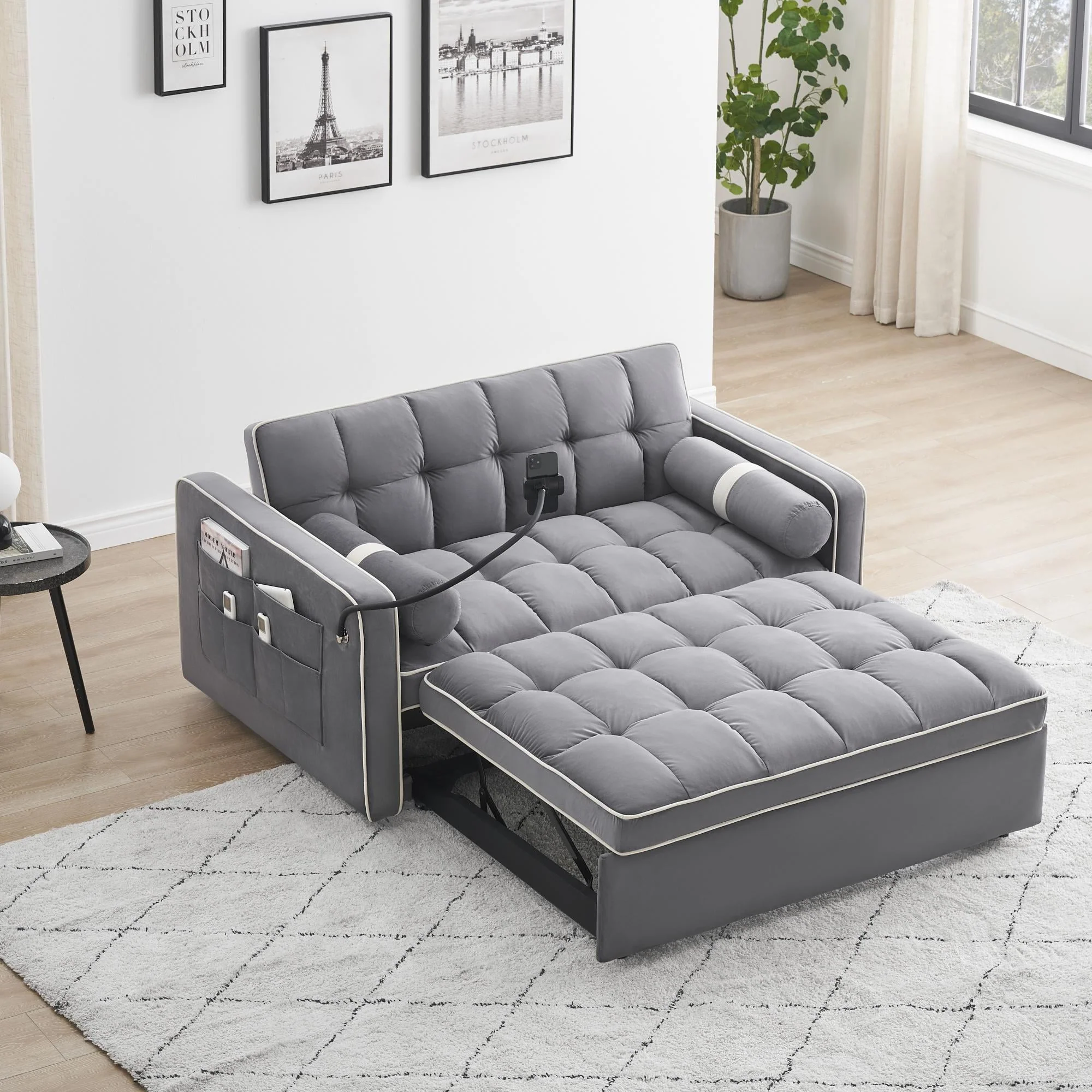 3 in 1 Sleeper Sofa Couch Bed,Small Tufted Velvet Convertible Loveseat Futon Sofa w/Pullout Bed,Adjustable Backrest,Cylinder Pillows,Multi-Pockets,Phone Holder for Living Room Apartment,Grey,55.5