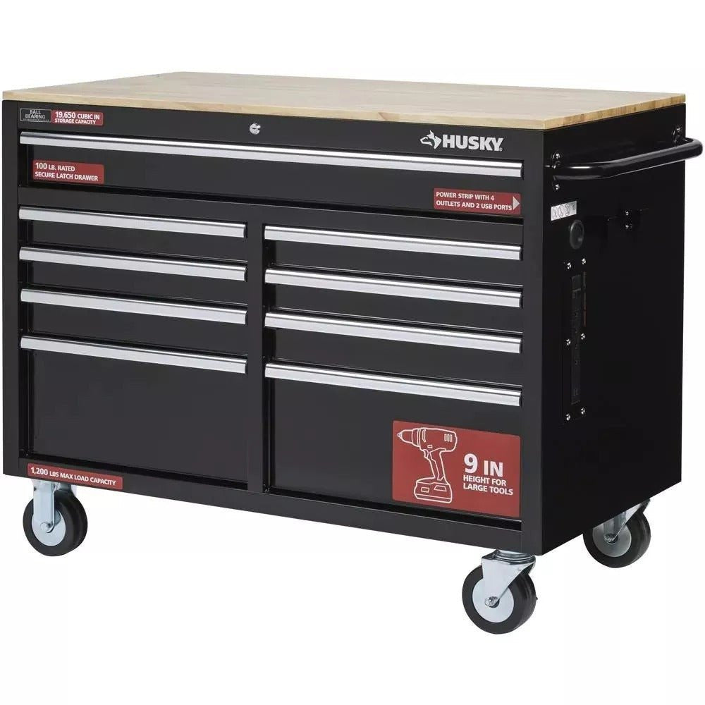 ??46 in. W x 24 in. D 9-Drawer Gloss Black Deep Tool Chest Mobile Workbench