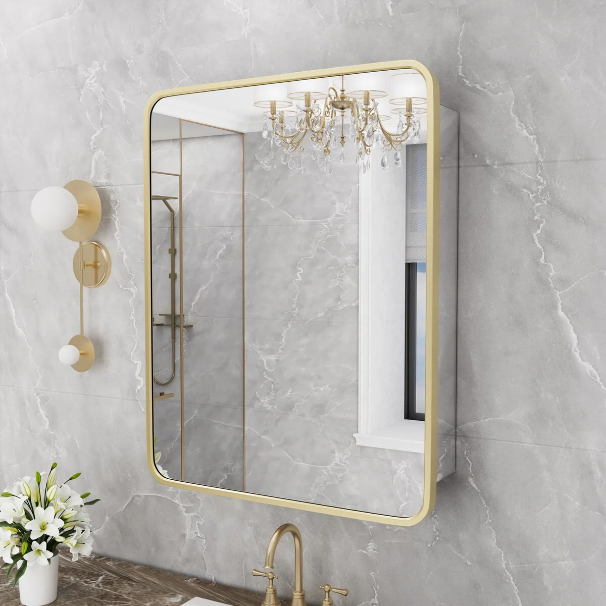 Bathroom Medicine Cabinet with Mirror, Recessed Medicine Cabinet with Round Corner Aluminum Alloy Metal Framed