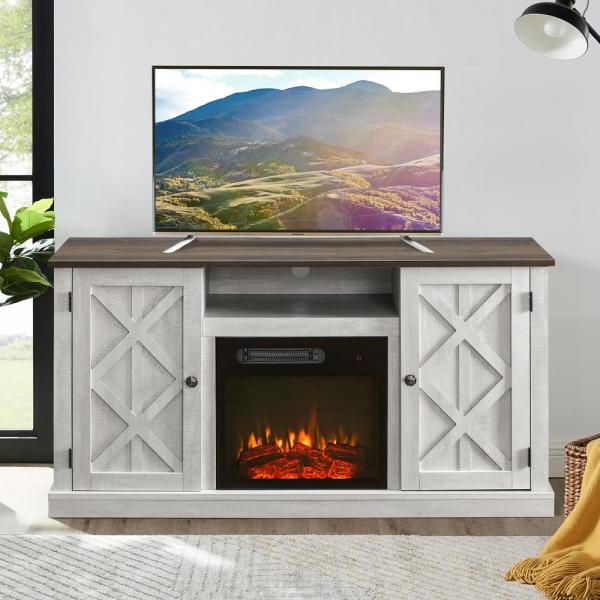 54 in. Saw Cut-Off White TV Stand for TVs up to 60 in. with Electric Fireplace
