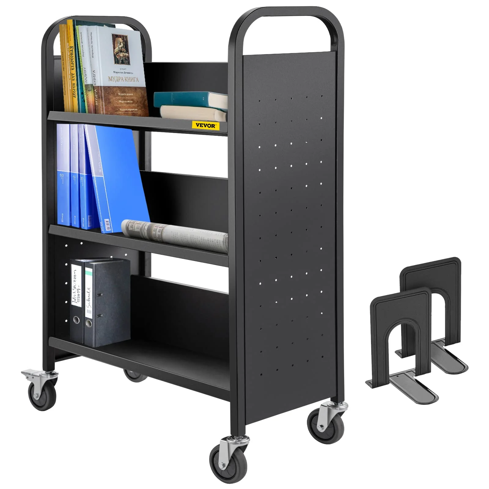 VEVOR Single Sided V-Shaped 30x14x49 Inch Rolling Book Cart
