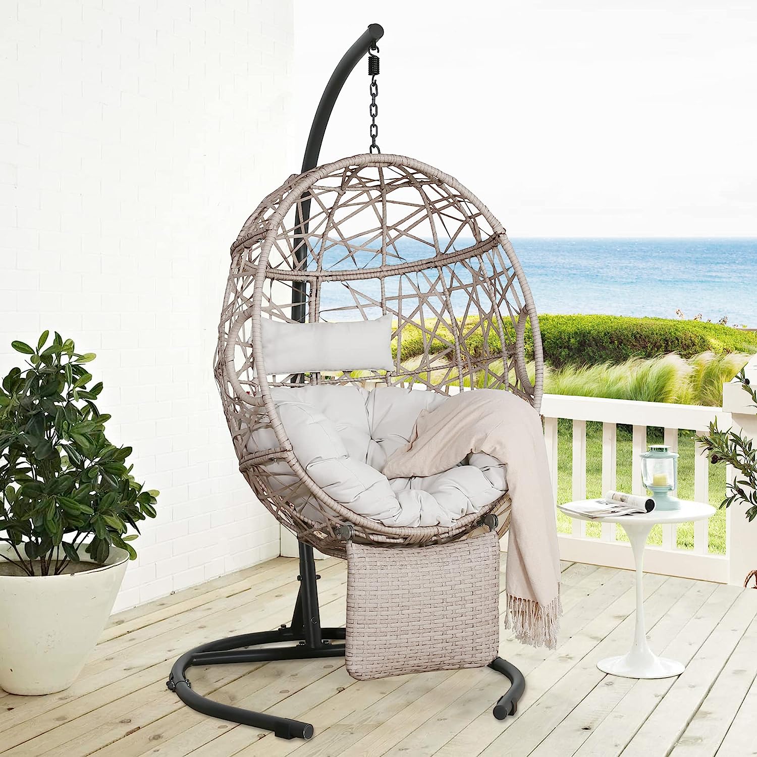 Ulax Furniture Egg Chair, Outdoor Indoor Patio Wicker Hanging Basket Swing Chair, Tear Drop Egg Chair with Cushion, Stand and Adjustable Footrest (Beige)