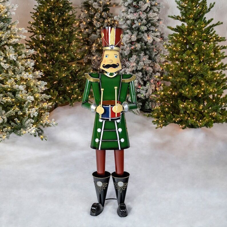 60 Inch Tall Iron Green Nutcracker Holding Drum