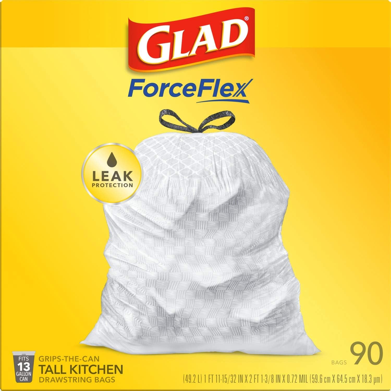 GLAD ForceFlex Tall Drawstring Trash Bags, 13 Gallon White Trash Bags for Tall Kitchen Trash Can, Unscented Leak Protection Bags, 120 Count - Packaging May Vary