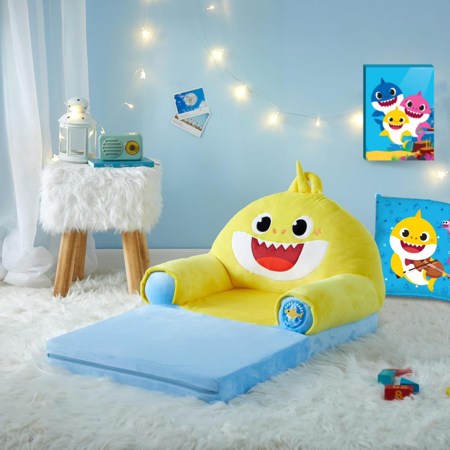 Pinkfong Baby Shark Blue Polyester Comfortable Plush 2-in-1 Flip Out Chair