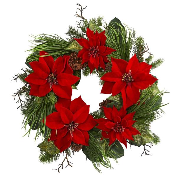28 in. Poinsettia and Pine Wreath