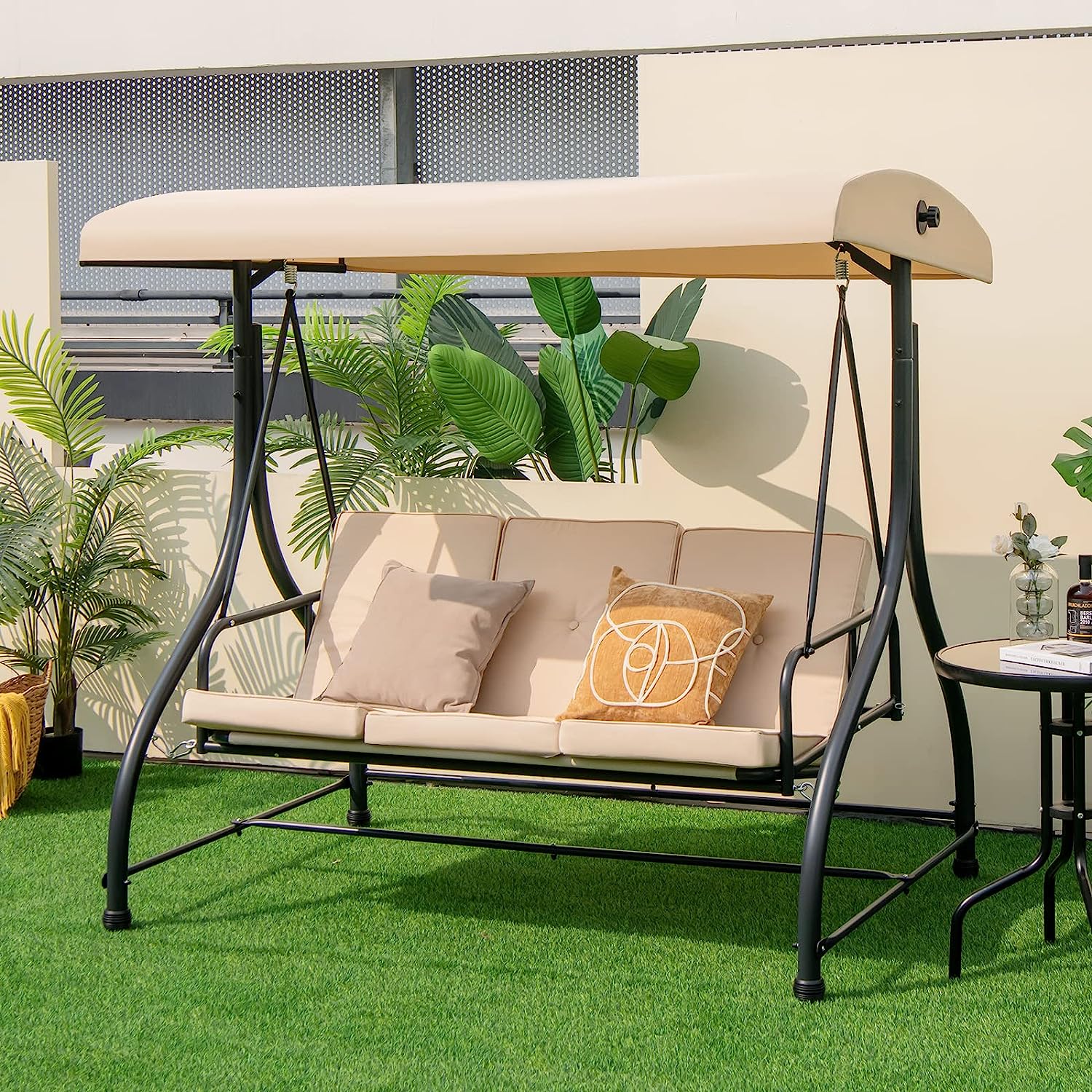 Tangkula 3 Person Porch Swing, 2-in-1 Convertible Patio Swing Bed with Removable Cushions, Solid Steel Structure, Outdoor Swing with Adjustable Canopy for Backyard, Balcony, Poolside (Turquoise)