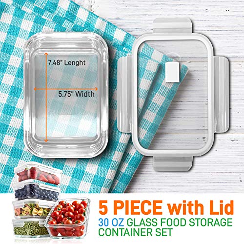 Superior Glass Food Storage Containers - 10 Piece Stackable Glass -Newly, BPA-Free 100% Leakproof Locking Lids w/ Air Hole - Freezer-to-Oven-Safe -NutriChef NCCLX5