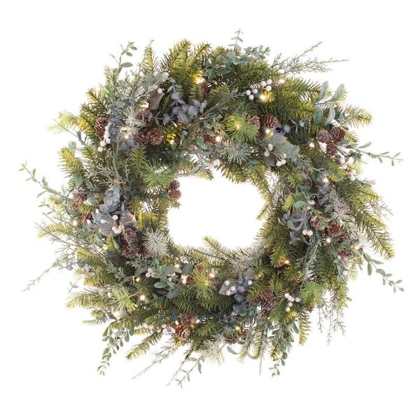 30 in. Pre-Lit LED Rustic White Berry Wreath