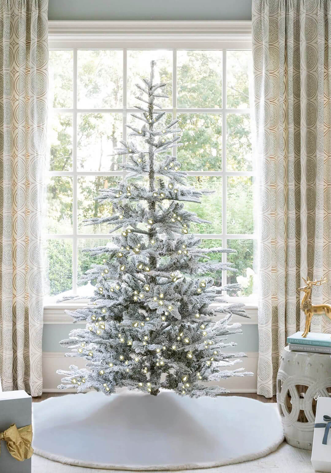 8' King Noble Flock Artificial Christmas Tree with 600 Warm White LED Lights