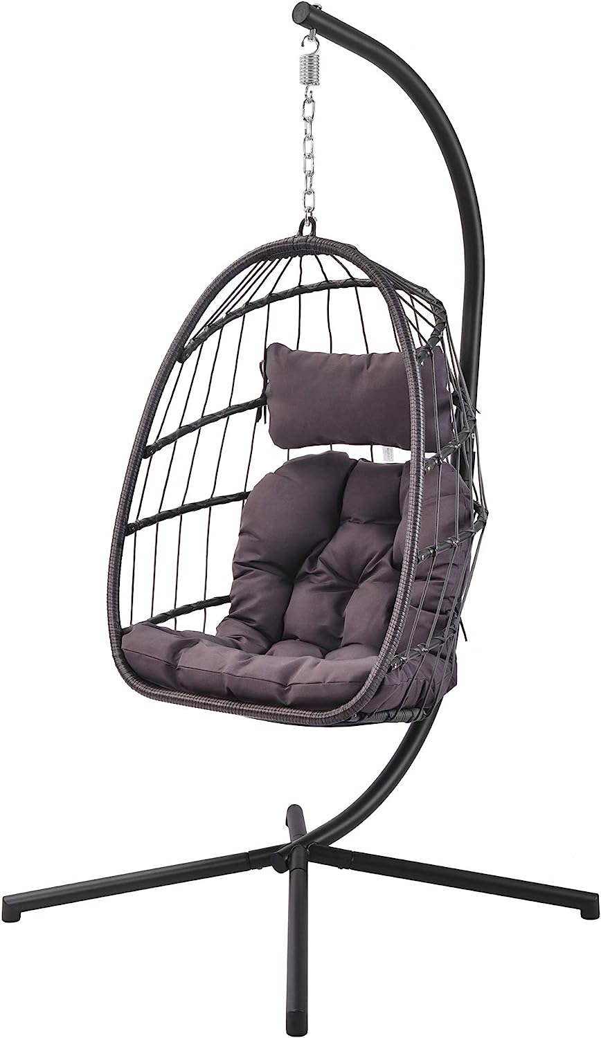 Patio Hanging Egg Chair with Stand Swing Chair,Basket Swinging Chair,Porch Chaise Lounge Chair,Rattan Wicker Hammock Chair with Deep Cushion for Indoor Outdoor Home Bedroom Backyard Balcony (Gray)