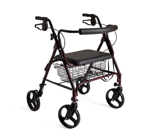 Medline Heavy Duty Extra Wide Rollator, Folding Rolling Walker, 8 Wheels, 400lb Weight Capacity, Burgundy Red Frame