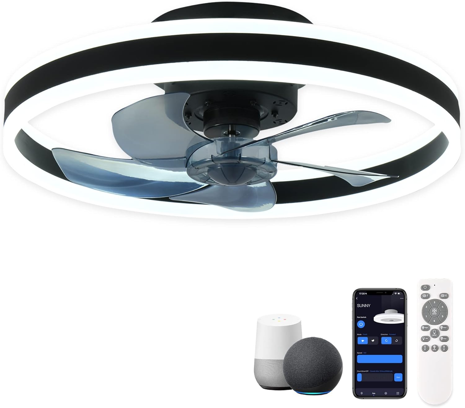 Low-profile smart ceiling fan with lights, APP control, remote compatibility, 6-speed reversible blade