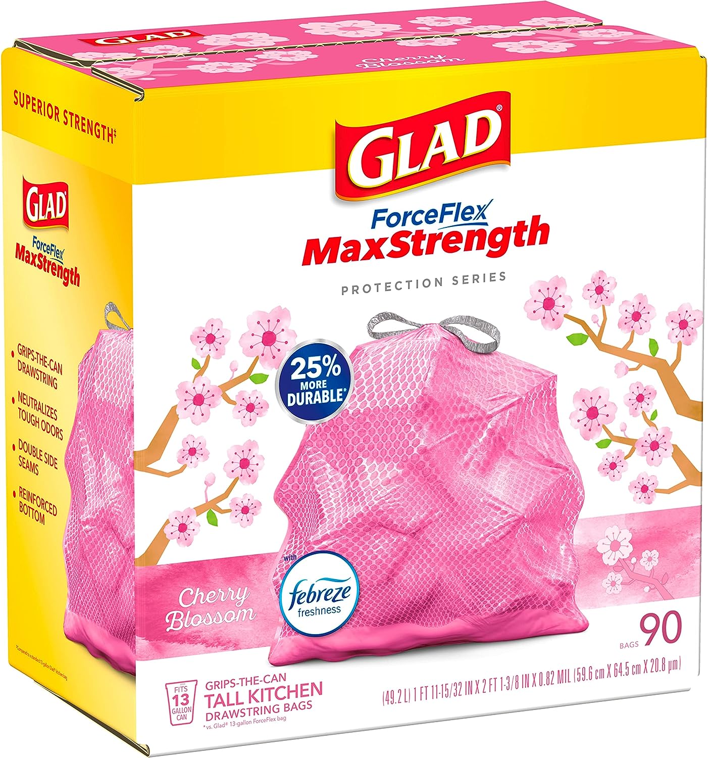 Glad ForceFlex MaxStrength Tall Kitchen Drawstring Trash Bags, 13 Gallon, Cherry Blossom with Febreze Freshness, 90 Count