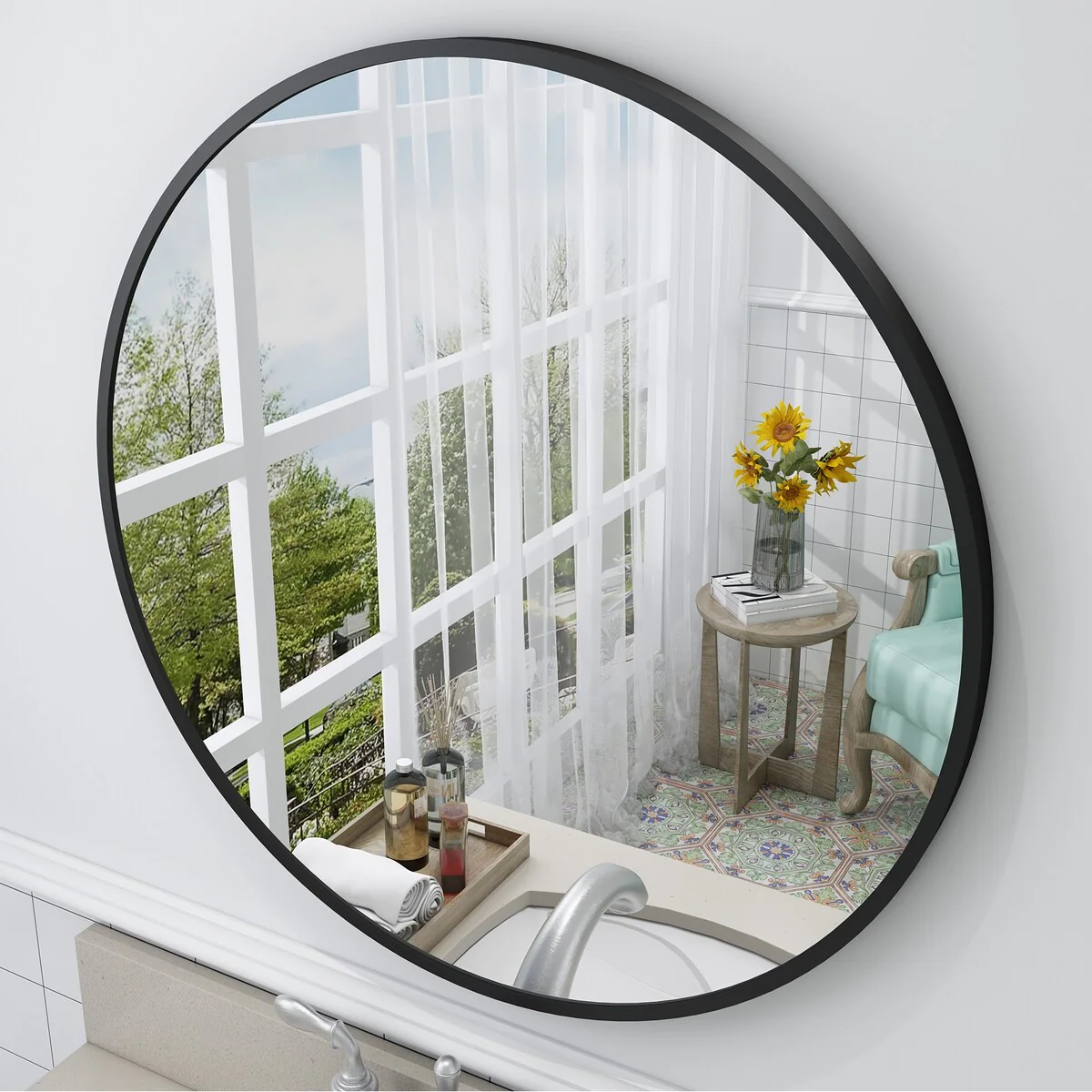 Full Size Round Bathroom Vanity Mirror Cleats Mounted Wall Covering