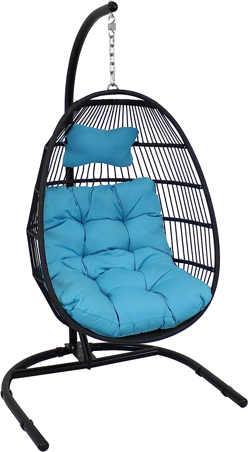 Sunnydaze Julia Hanging Egg Chair with Stand and Red Cushions - Comfy Collapsible Outdoor Egg Chair Swing with Stand - Black Polyethylene Wicker Rattan Frame with Steel Stand - 76 Inches Tall
