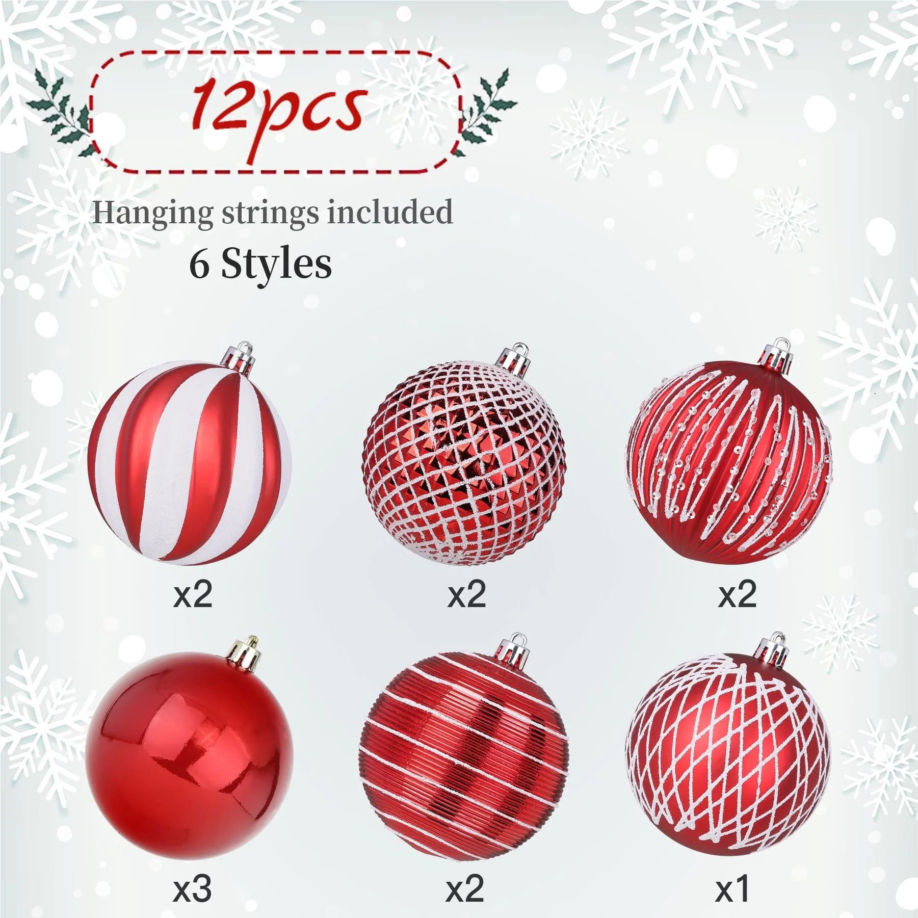 12PCS 80mm Colored Shatterproof Plastic Decorative Hanging Tree Decorations Baubles Set for Holiday Party Wedding Decoration with Lanyard, Red&White