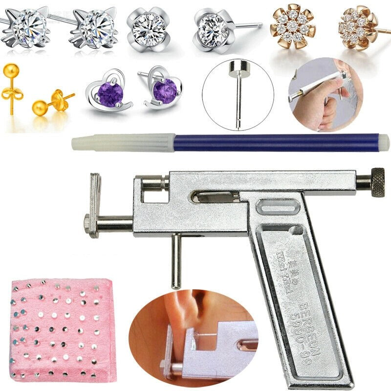 Professional Steel Ear Nose Navel Body Piercing Gun 98pcs Studs Tool Kit Set