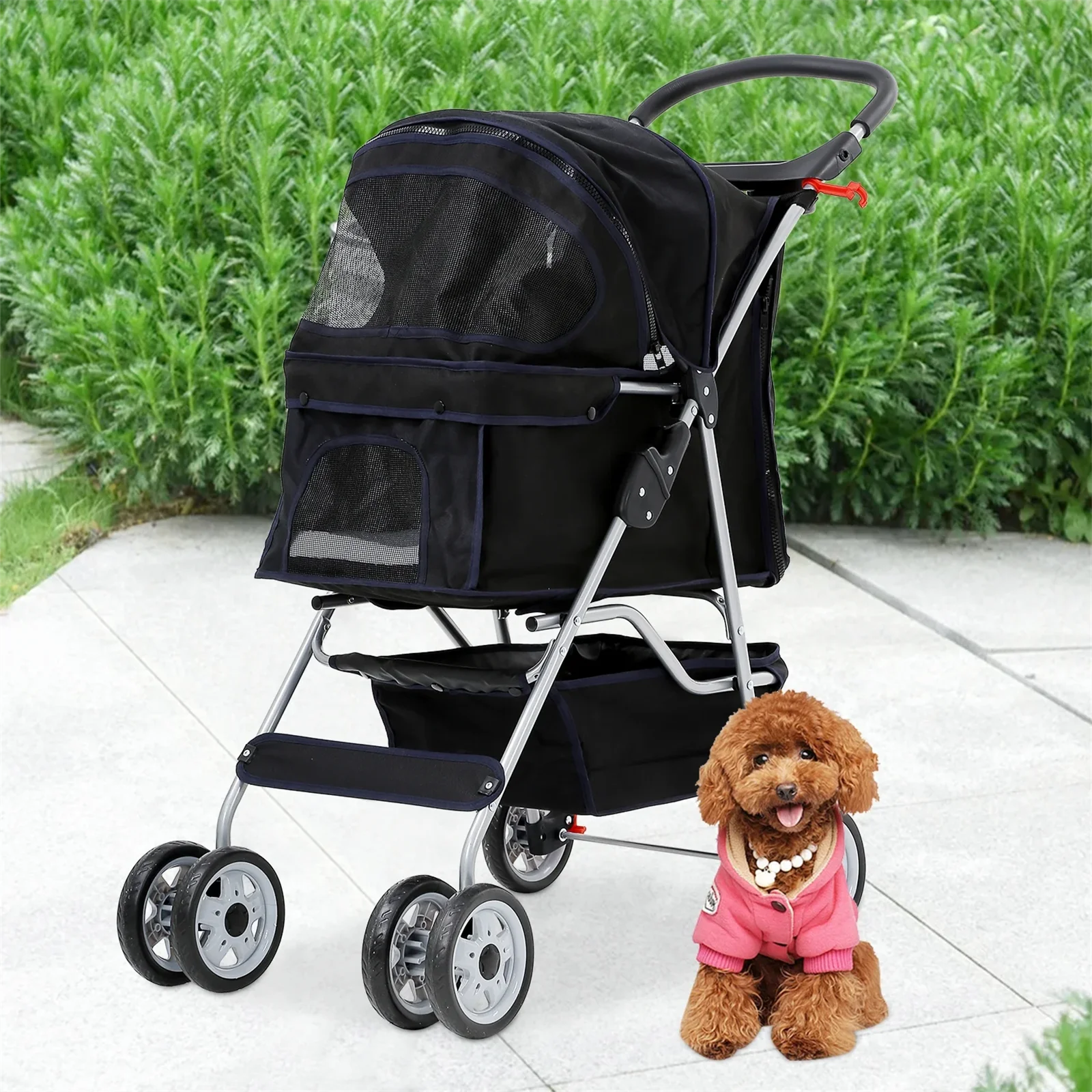 Foldable Dog Stroller Cat Stroller with Storage Basket & Removable Liner, 4 Wheels Pet Stroller .Foldable Carrier Strolling Cart for Dogs Cats, Black