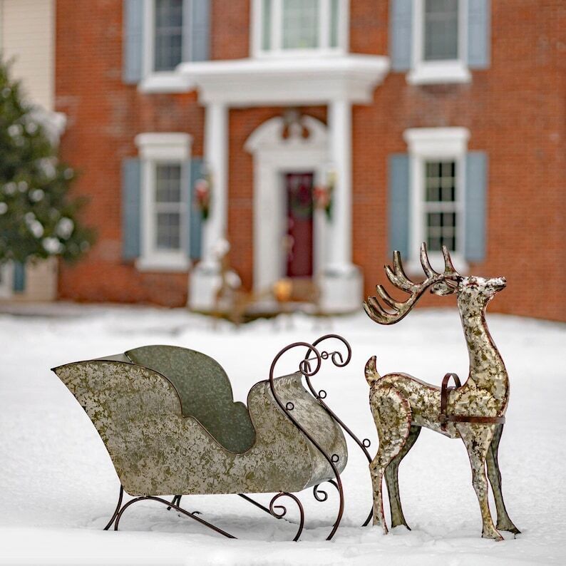 Large Galvanized Reindeer with Sleigh Decoration