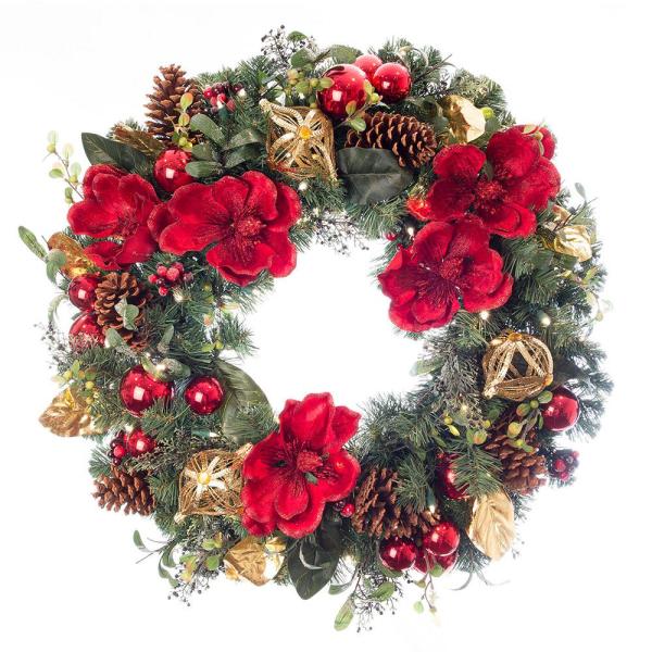 30 in. Pre-Lit LED Red Magnolia Wreath