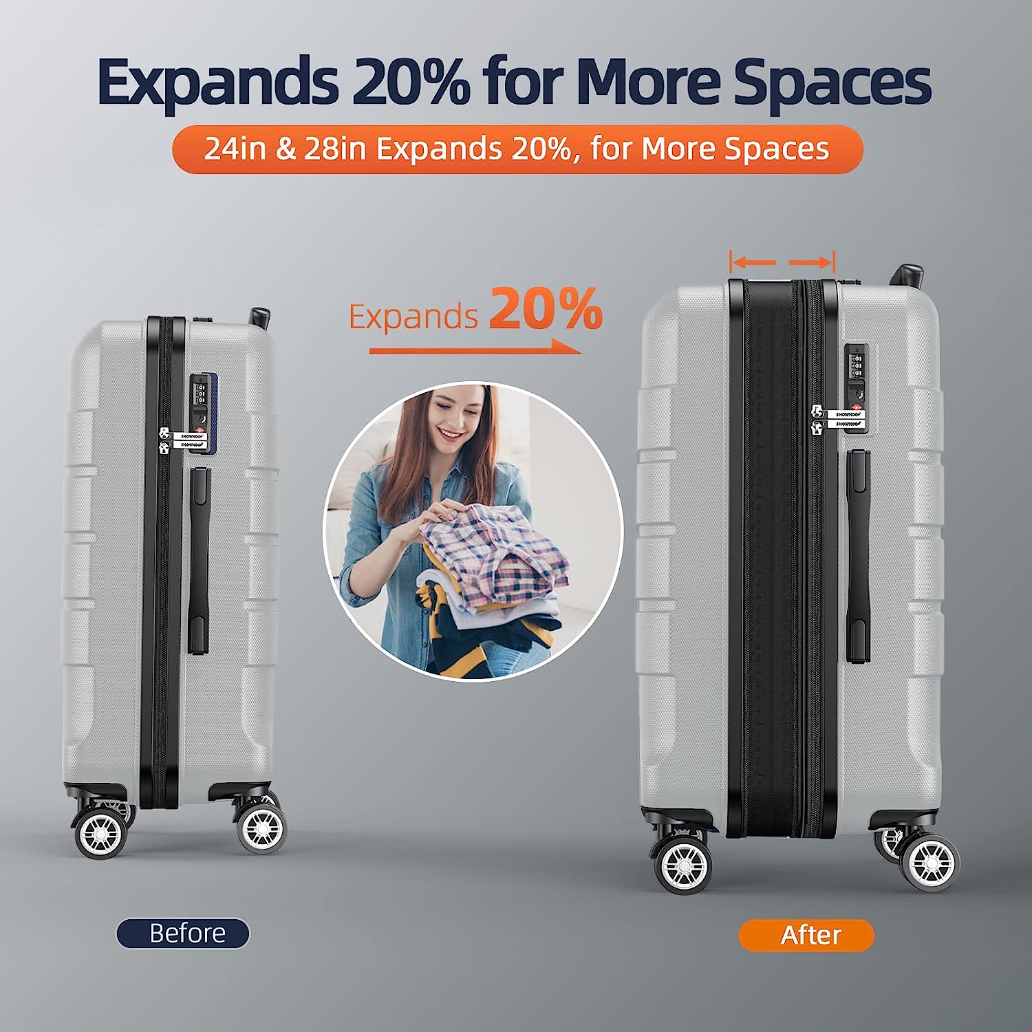 Luggage Sets Expandable PC+ABS Durable Suitcase Double Wheels TSA Lock Light Gray 3pcs­