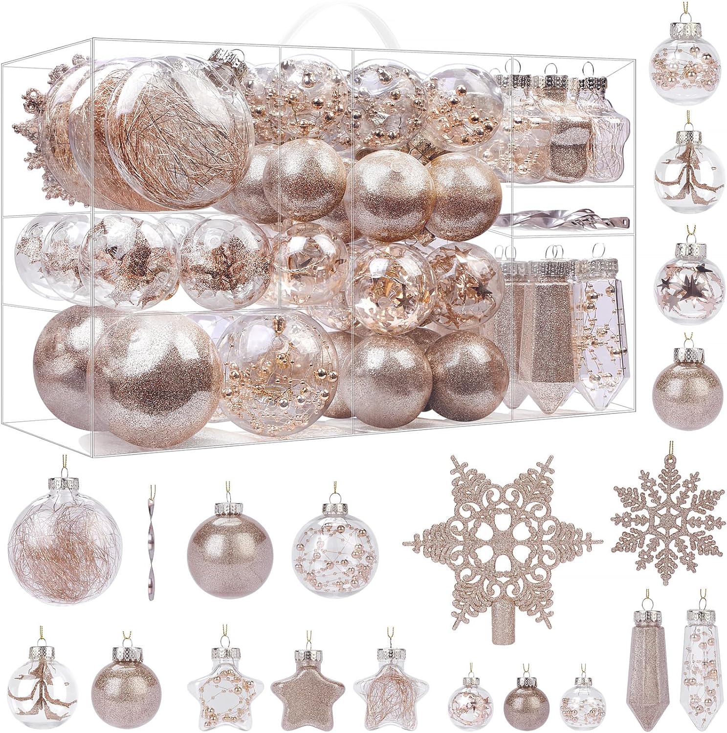 86pcs Champagne Glitter, Sequins, Tinsel and Beads Christmas Shatterproof Plastic Clear Balls Ornaments Set