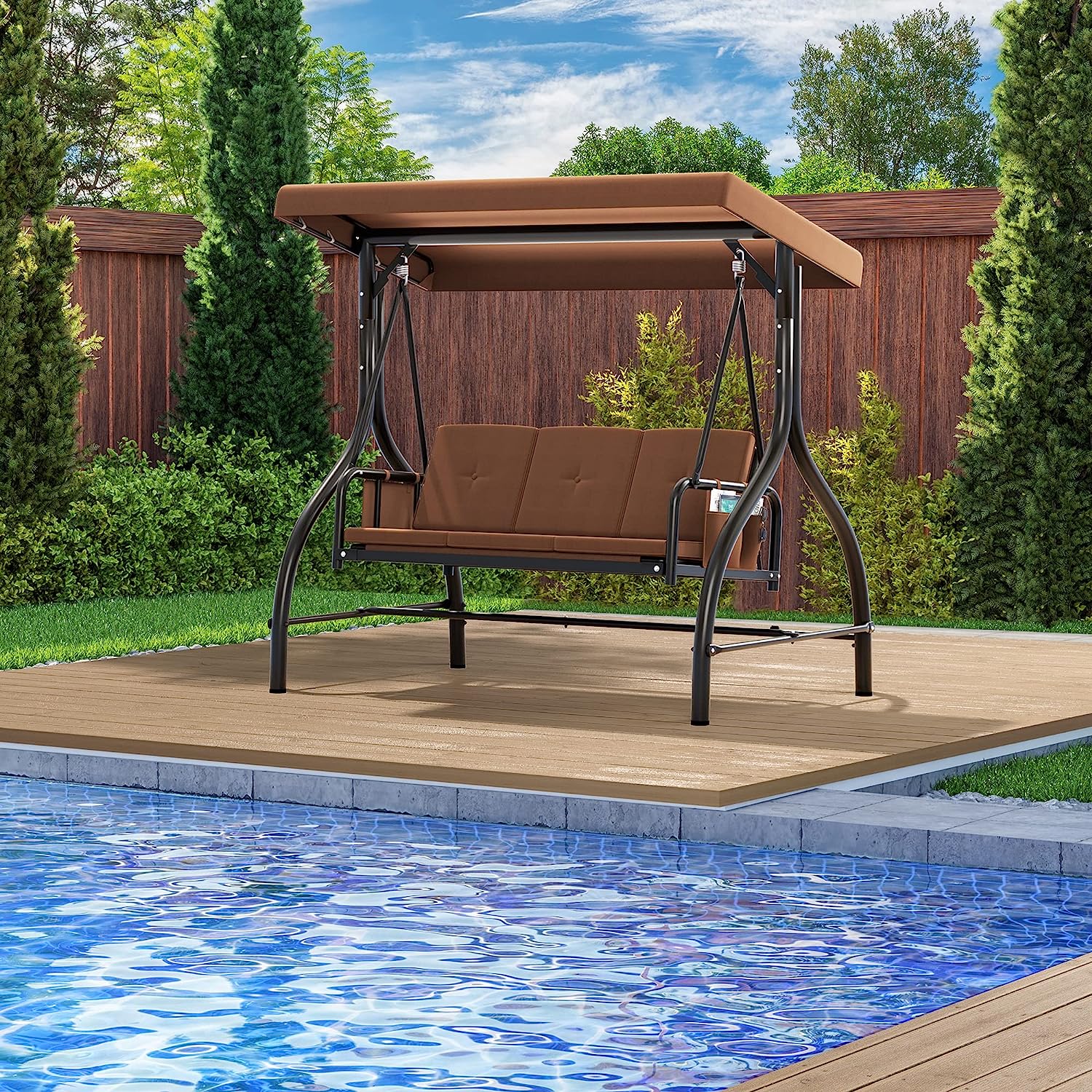 YITAHOME Outdoor Patio Swing Chair, 3 Person Porch Swing with Adjustable Canopy, Removable Cushion,Suitable for Garden, Poolside, Balcony,(Beige)