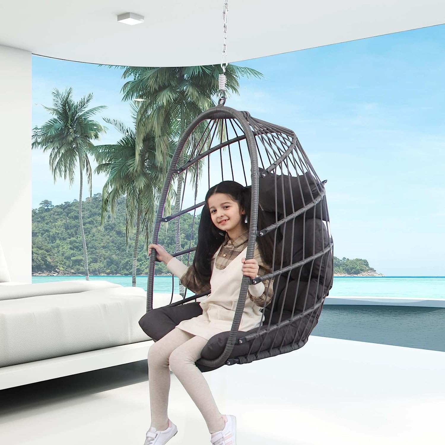 NICESOUL® Indoor Outdoor Patio Wicker Hanging Chair Swing Egg Basket Chairs with Stand UV Resistant Cushions 350lbs Capaticy for Patio Backyard Balcony Xmas Gift