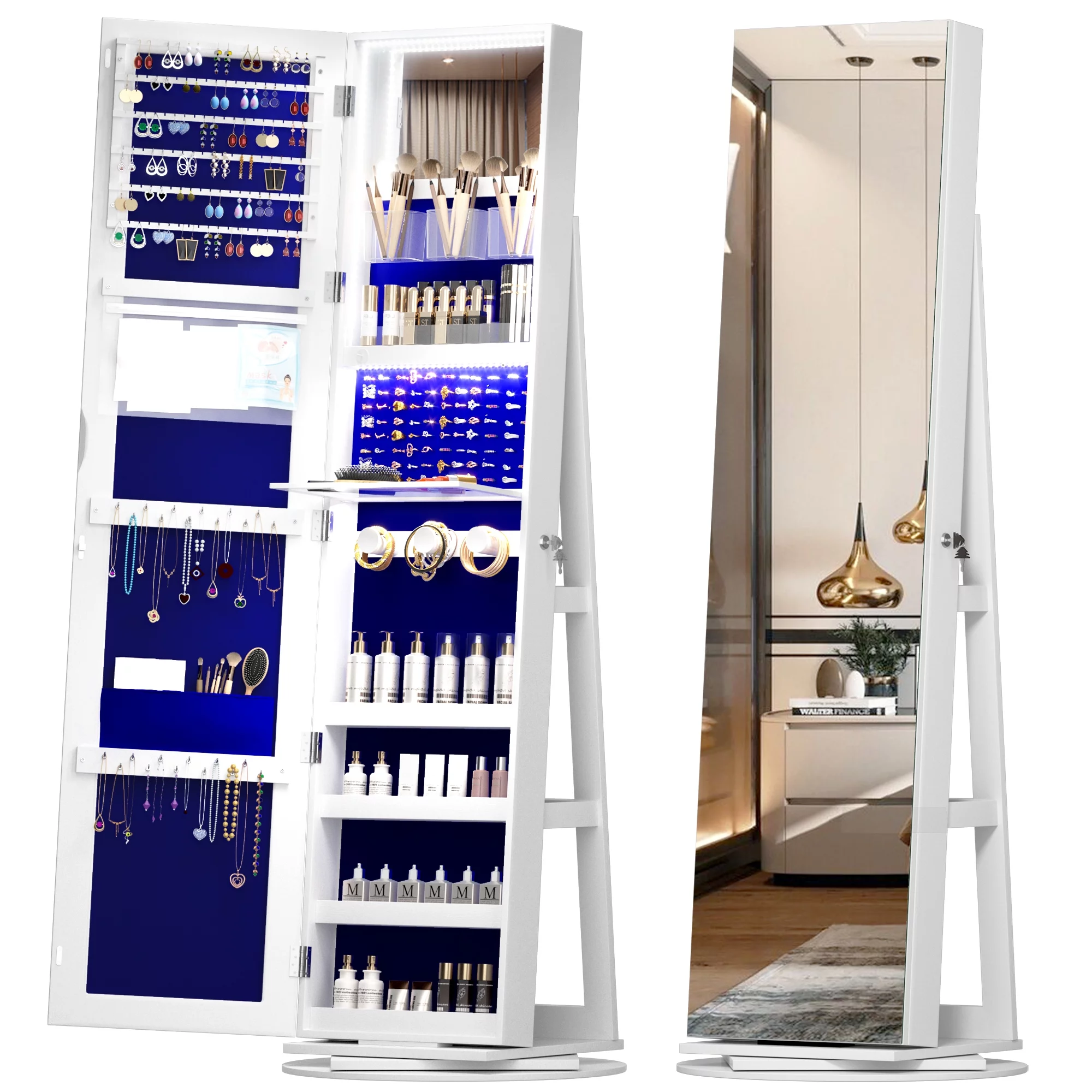 LVSOMT 360�� Rotating LED Jewelry Armoire with Full Length Mirror, Jewelry Cabinet Large Standing Lockable Mirror Jewelry Organizer with Inner Makeup Mirror & Soft Velvet for Living Room Bedroom