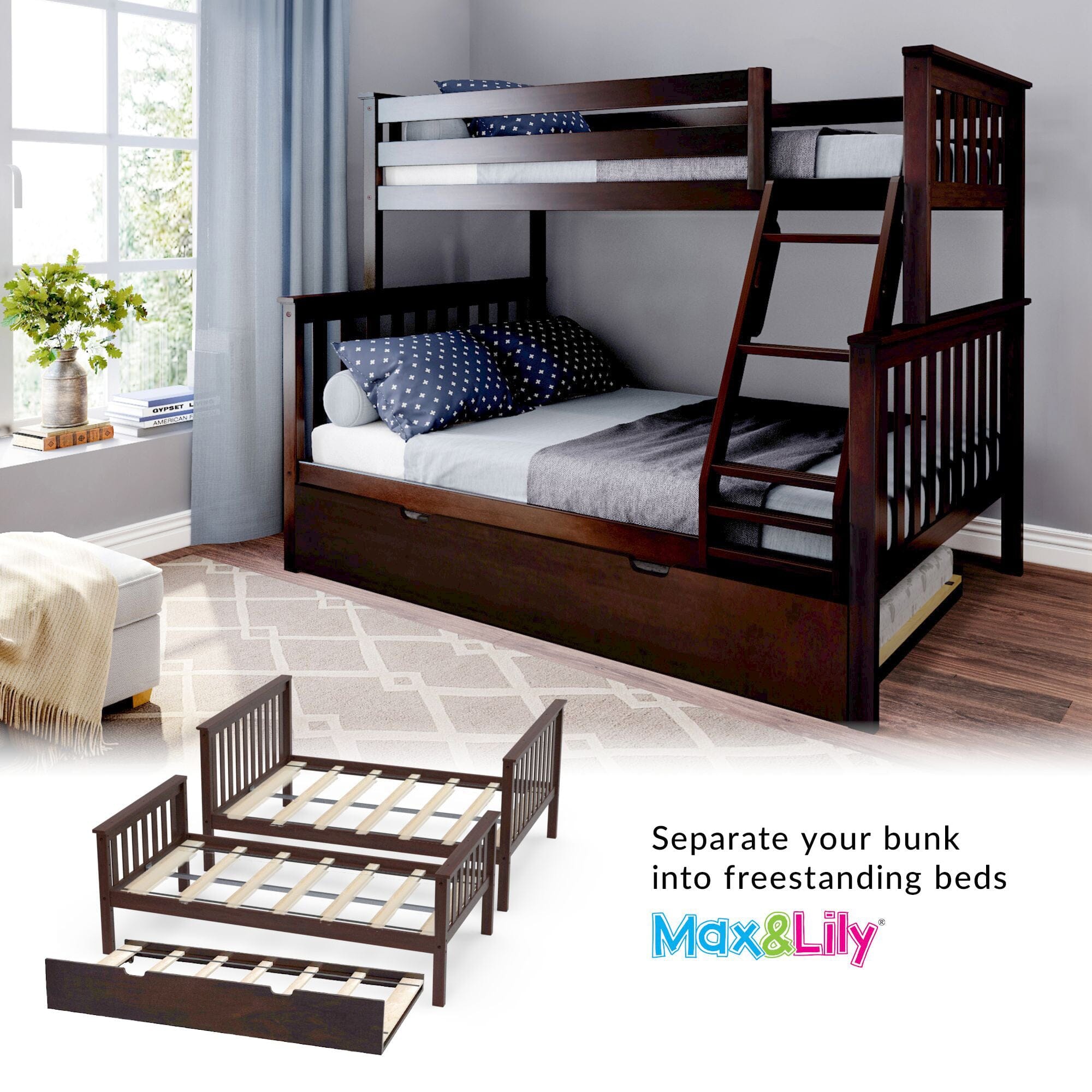 🎄Store Closing Sale💖Kids Solid Wood Twin-Over-Full Bunk Bed + Trundle Bed
