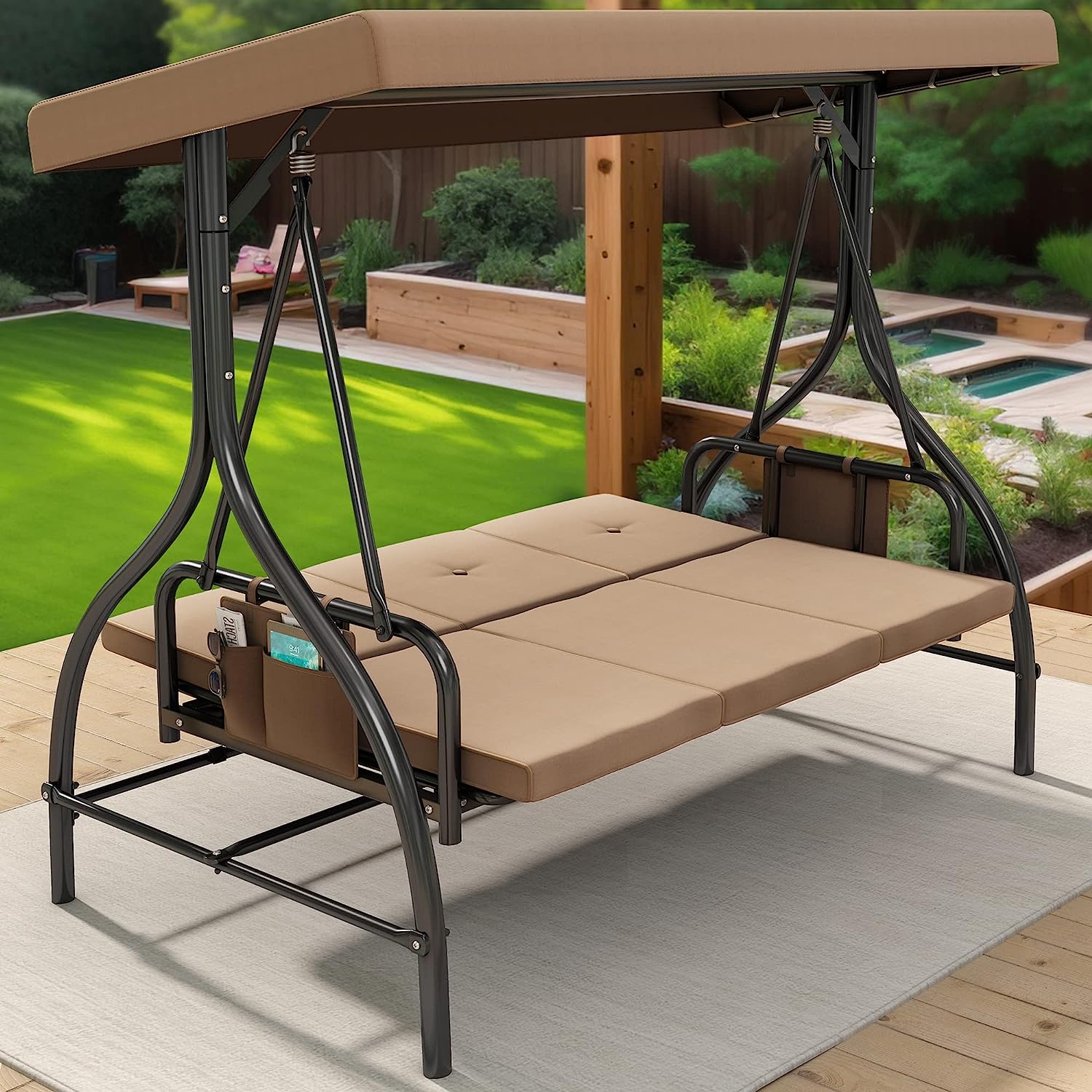YITAHOME Outdoor Patio Swing Chair, 3 Person Porch Swing with Adjustable Canopy, Removable Cushion,Suitable for Garden, Poolside, Balcony,(Beige)