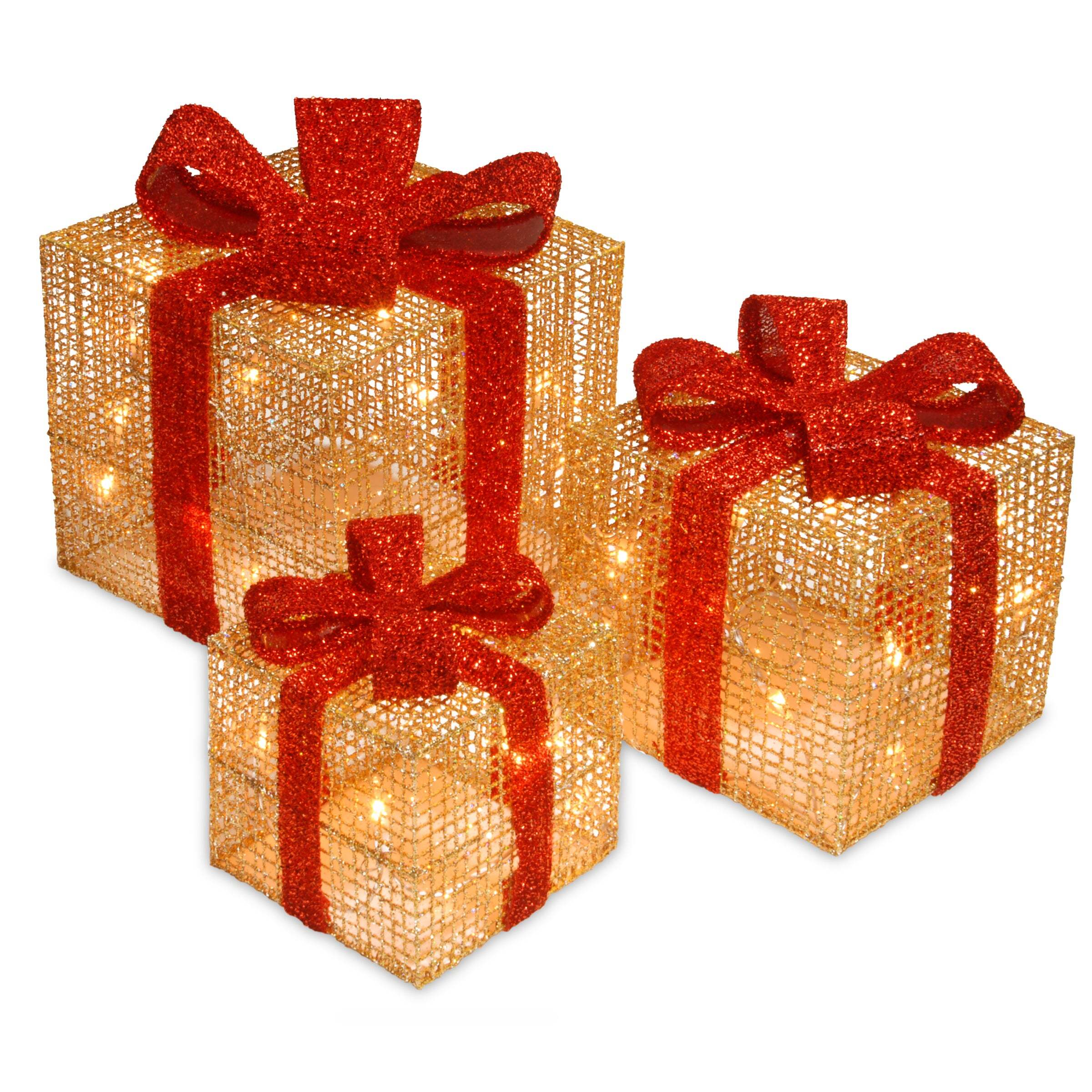 Pre-Lit Gold Gift Boxes, Set of Three, White Lights, Christmas Collection