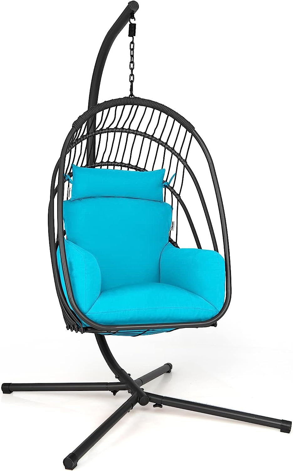 Giantex Egg Chair Hammock Stand - Hanging Swing with Stand, Folding Swinging Chair with Soft Cushion & Pillow, Wicker Rattan Hanging Chair for Bedroom,Garden, Patio Foldable Hammock Chair (Turquoise)